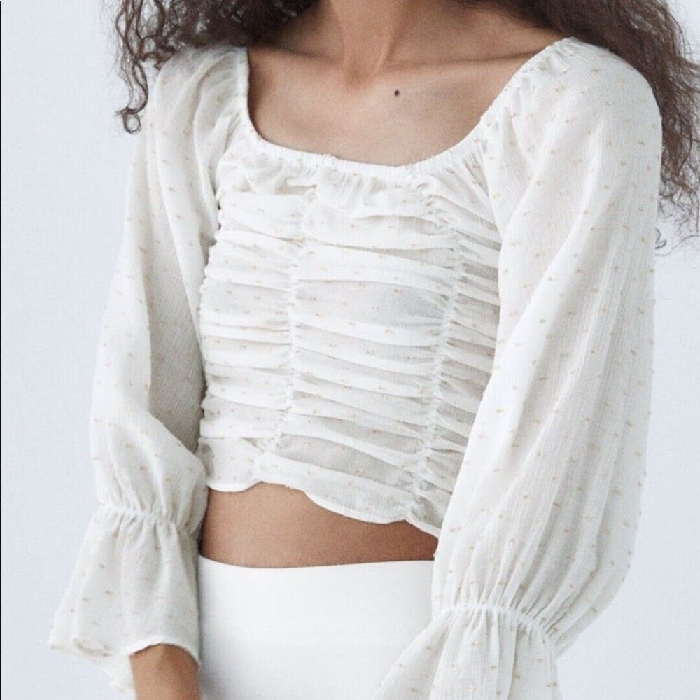 NWT ZARA Peasant Sleeve Swiss Dot Ruched Cropped Blouse Top Boho Cottage Crepe S